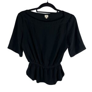 Wilfred Aritzia Black Peplum Blouse Boat Neck Smocked Waist Short Sleeve XS